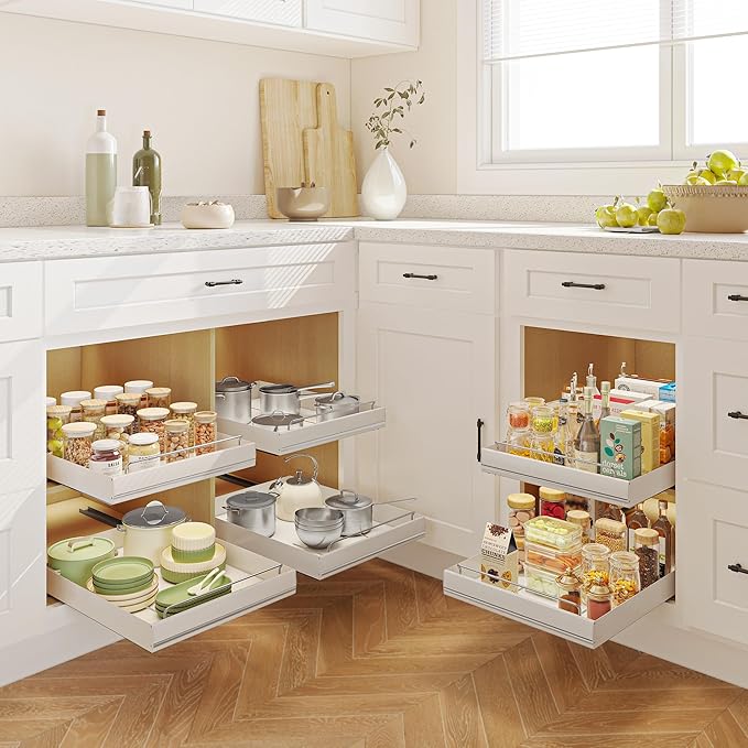 Mingling 2 Pack Pull Out Cabinet Organizer, Carbon Steel Heavy Duty Slide Out Drawer, 21" Deep White Adhesive Pull Out Drawers for Cabinets, Roll Out Shelves for Kitchen Organization, Pantry, Bathroom