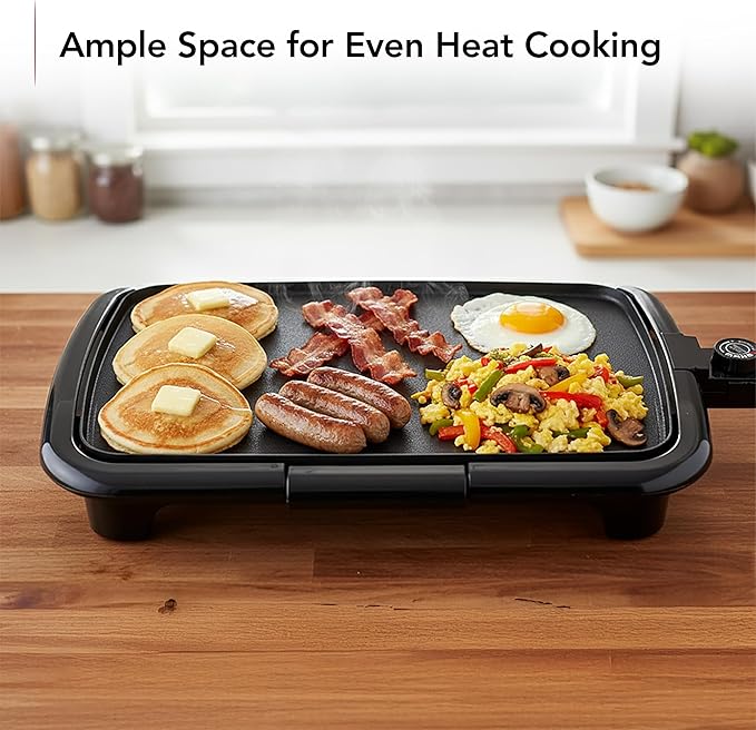 OVENTE Electric Griddle with 16 x 10 Inch Flat Non-Stick Cooking Surface, Removable and Adjustable Temperature Control, Indoor Grill for Instant Breakfast, Pancakes, Eggs or Burgers, Black GD1610B