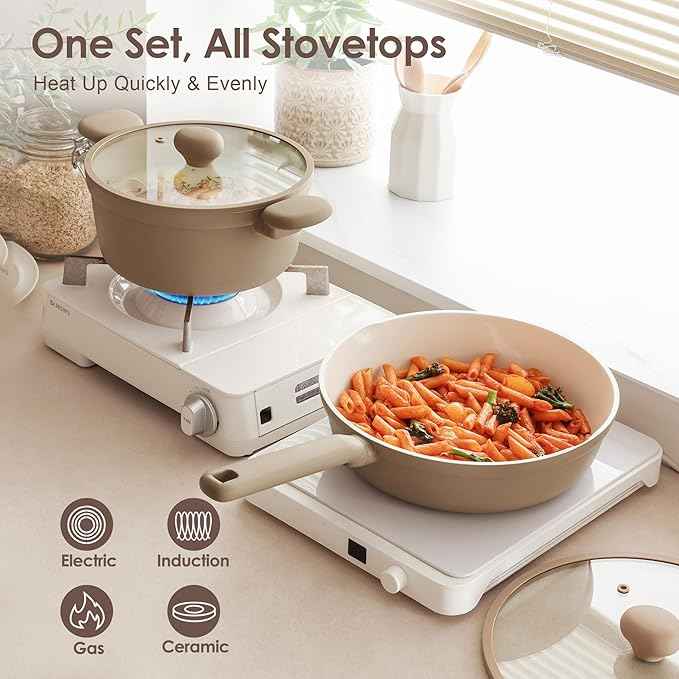SENSARTE Ceramic Nonstick Pots and Pans Set 17pcs, Healthy Induction Cookware Set, Nontoxic Kitchen Cooking Set with Skillets & Saucepans, Stay-cool Handles, PFAS PTFE PFOA PFOS Free,Taupe