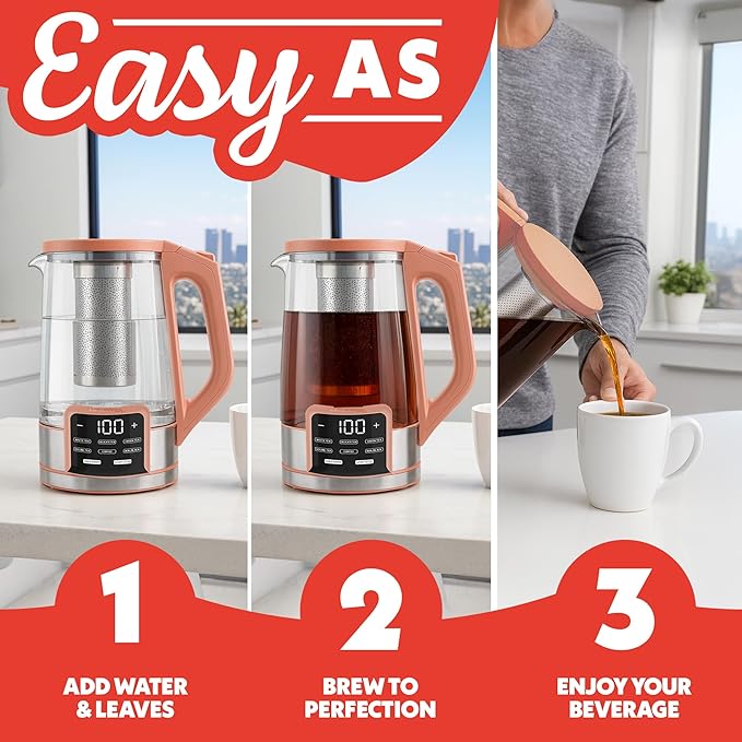 Gourmia Electric Glass Kettle – 1.7L Programmable Tea & Coffee Brewer with Digital Touch Display, 6 Presets, Removable Stainless Steel Infuser, Cordless with 360° Swivel Base, Peach