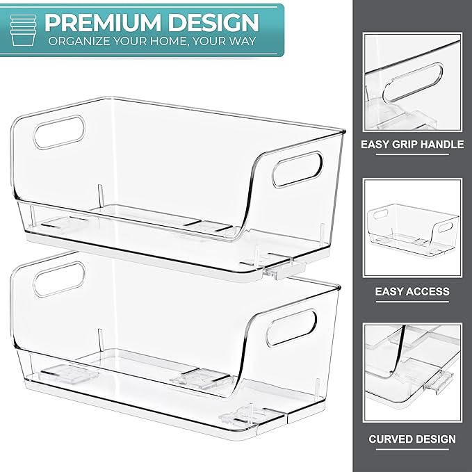 Sorbus Stackable Storage Bins Open Front, Clear Stackable Storage Bins, Pantry Bins for Storage and Organization, Acrylic Stackable Bins for Kitchen, Clear Pantry Organizer Bins (Small Wide 6 Pack)
