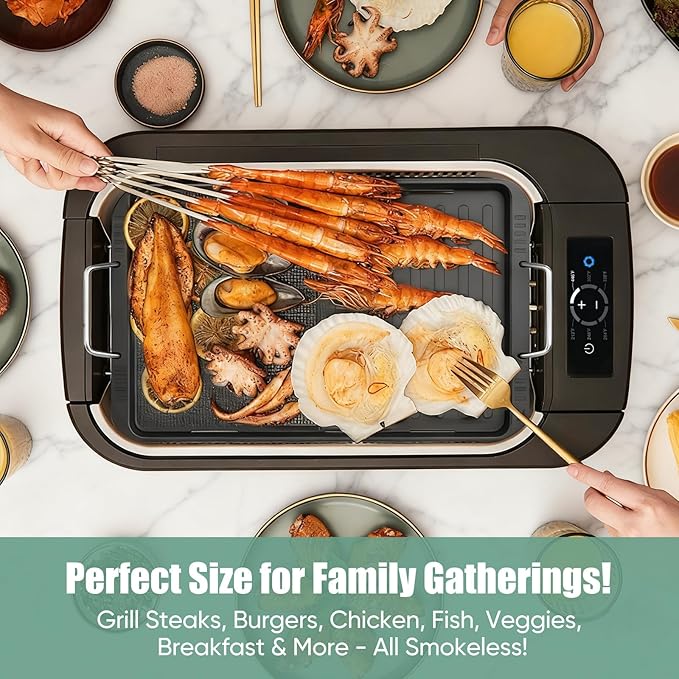 Smokeless Indoor Grill, Electric Indoor Grill for Korean BBQ with Dual-Turbo Smoke Extractor, LED Smart Display & Dual-Zone Nonstick Grill Plates, 6-Level Temp Control, Dishwasher Safe