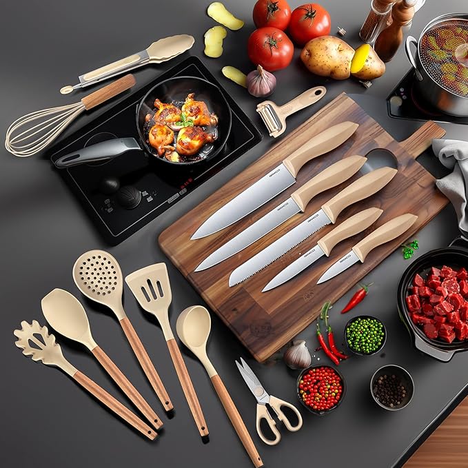RAXCO Cooking Utensils Set,12-Piece Kitchen Utensils and Accessories,6-Piece Knife set,utensilios de cocina,Khiki