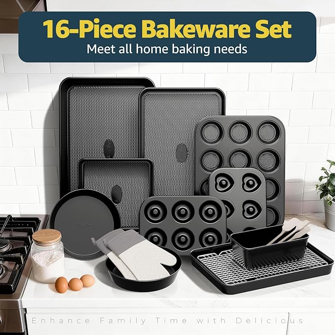16-Piece Nonstick Bakeware Set with Oven Mitts, Donut Pan, and Heart Pan, Stackable Carbon Steel Baking Pans Set with Kitchen Utensils and Rack, Ceramic Coating, Black
