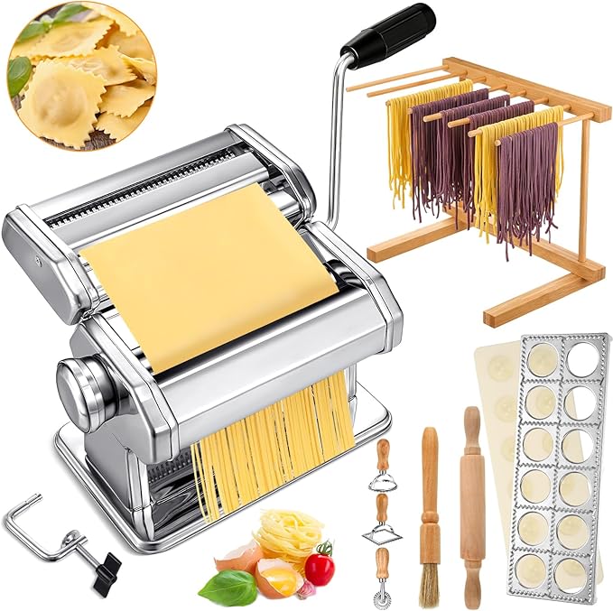 Hushee 8 Pcs Pasta Maker Machine Set Including Stainless Steel Noodle Maker Machine Wood Pasta Drying Rack Ravioli Stamp Maker Cutter with Pasta Cutter Wheel Mini Rolling Pin Cleaning Brush