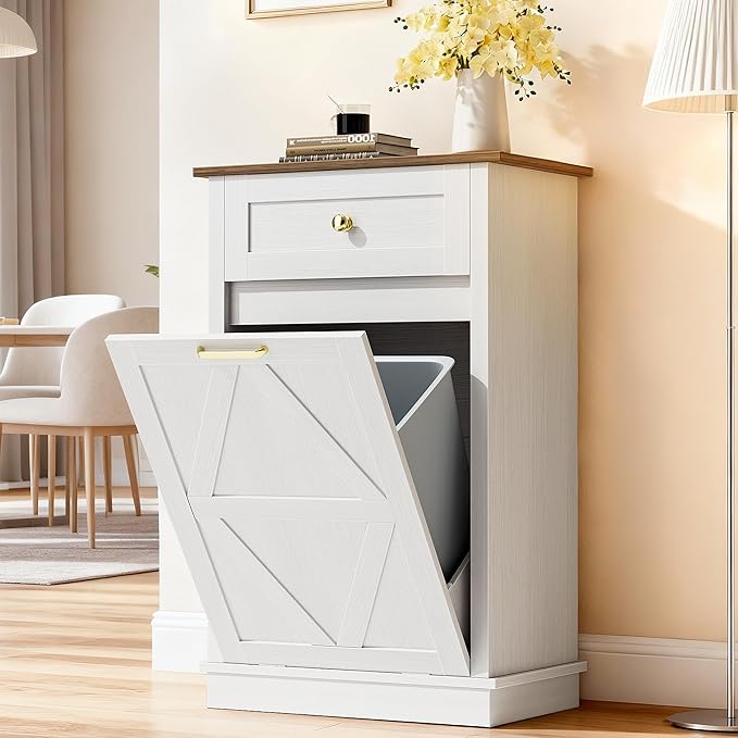 JUMMICO Tilt-Out Trash Can Cabinet, 10 Gallon Laundry Hamper Cabinets with Drawers, for Kitchen, Dining Room and Living Room (White, 1 Piece)