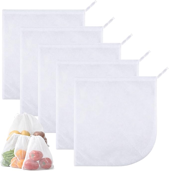 BaHoki Essentials Lightweight Mesh Produce Bags - Reusable, Washable, and Breathable - for Grocery, Fruits, Vegetables, and Home Storage - 5 Pack