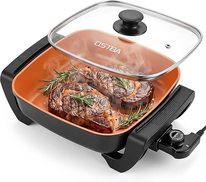 OSTBA 12"x12" Electric Skillet with Glass Lid, 5.2QT Large Nonstick Frying Pan for Family Meals, 1500W Fast Heating, 5-Level Adjustable Temperature Control, PFOA Free, Easy to Clean