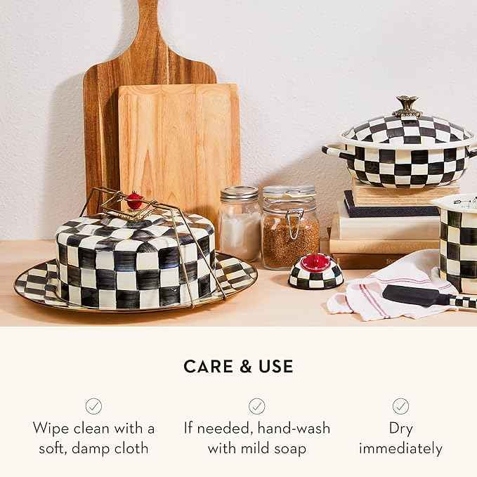 MACKENZIE-CHILDS Enamel Cake Carrier, Cake-Dish Serving Platter with Lid and Handles, Black-and-White Courtly Check