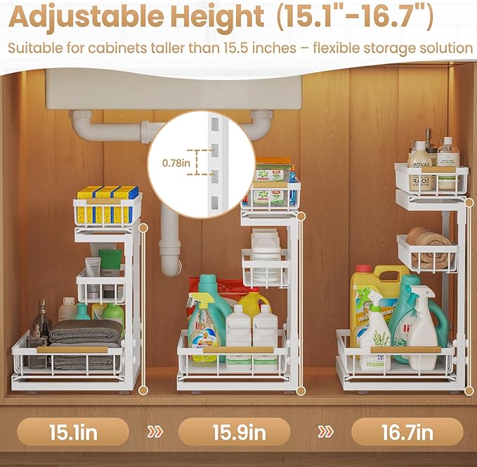 Under Sink Organizer and Storage for Bathroom and Kitchen - 2 Pack 3 Tier Under Cabinet Pull Out Shelf Organizers - Slide Out Drawer Organization for Home Cabinets Shelves and Drawers