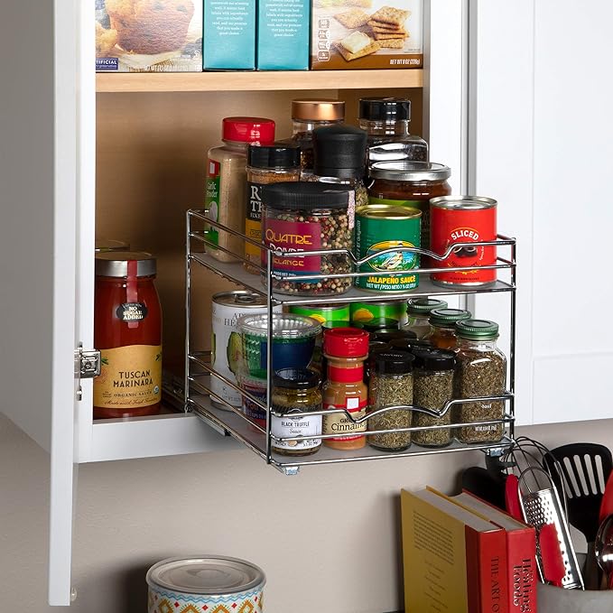 2 Tier Pull-Out Cabinet Spice Rack Organizer - Slim Slide-Out Storage for Spices, Bottles & Jars, Premium Heavy-Duty Steel, Easy Install for Narrow Kitchen Cabinets -10-1/2"Wx10-3/8"Dx8-7/8" H, Chrome