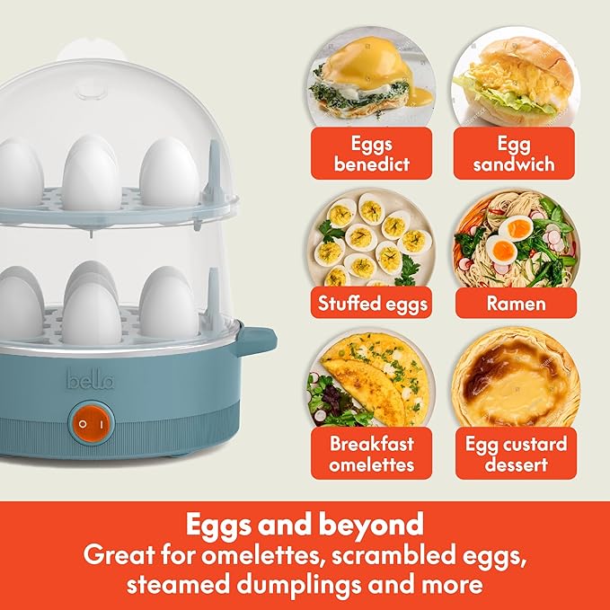 bella Electric Egg Cooker, 14 Eggs Capacity Tray, Double Stack, for Poached, Scrambled, Hard, Medium & Soft Boiled Eggs, Omelets and Steamed Dumplings, Auto Shutoff, 360 Watt, Oatmilk