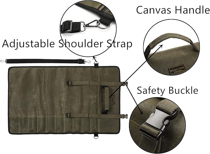 Denifiter Professional Chef's Knife Bag with Anti Cutting Fabric Inside, Heavy Duty 16oz Waxed Canvas, 10 Slots & 1 Large Zipper Pocket & Durable Handle(Army Green)