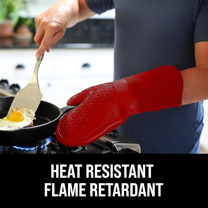 BPA-Free Silicone Oven Mitts Ultra Heat Resistant up to 500°F - Oven Mitts with Thick Cotton Liner - Long Slip Resistant Pot Holders, Flexible Oven Gloves - Empire Red 13.7