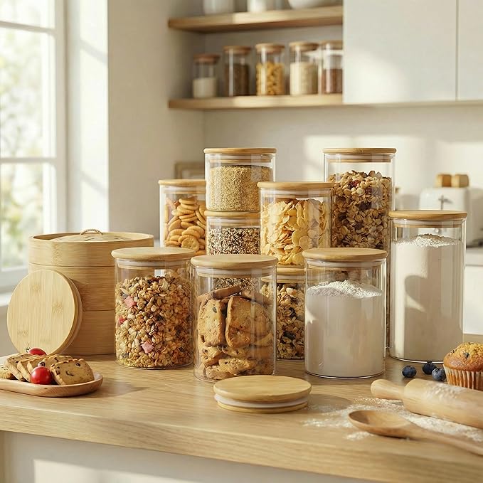 HomArtist Glass Jars with Bamboo Lids 27 FL OZ [Set of 6], Glass Canisters with Airtight Lids, Glass Food Storage Containers for Coffee, Sugar,Tea, Candies, Cookies,Best for Kitchen & Pantry