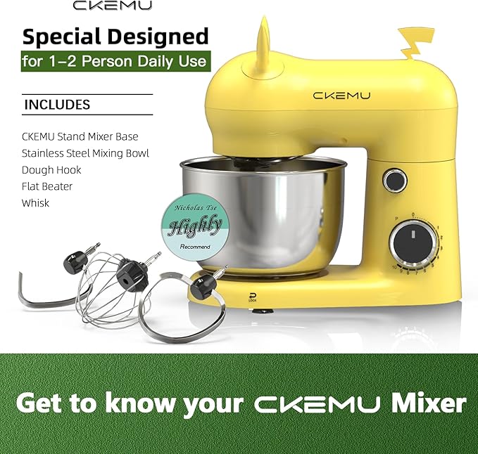 Stand Mixer, Compact & Space-Saving, Stainless Steel Bowl, Unique & Playful Design, Effcient Motor, Dishwasher-Safe Attachments, SM-2549A (Yellow)