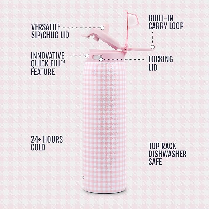 Ello Pop & Fill 22oz Stainless Steel Water Bottle with QuickFill Technology, Double Walled and Vacuum Insulated Metal, Leak Proof Locking Lid, Straw and Chug, Reusable, BPA Free, Pink Gingham