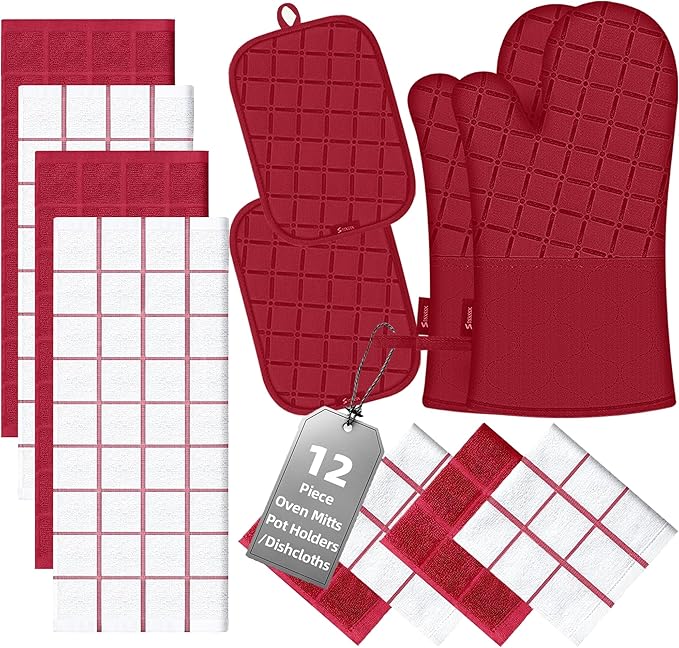 Oven Mitts Kitchen Towels and Dishcloths Pot Holders Sets, Oven Gloves Kitchen Dish Towels 500 Degree Heat Resistant Potholders with Non-Slip Silicone Surface for Cooking, Grilling, Baking-Red