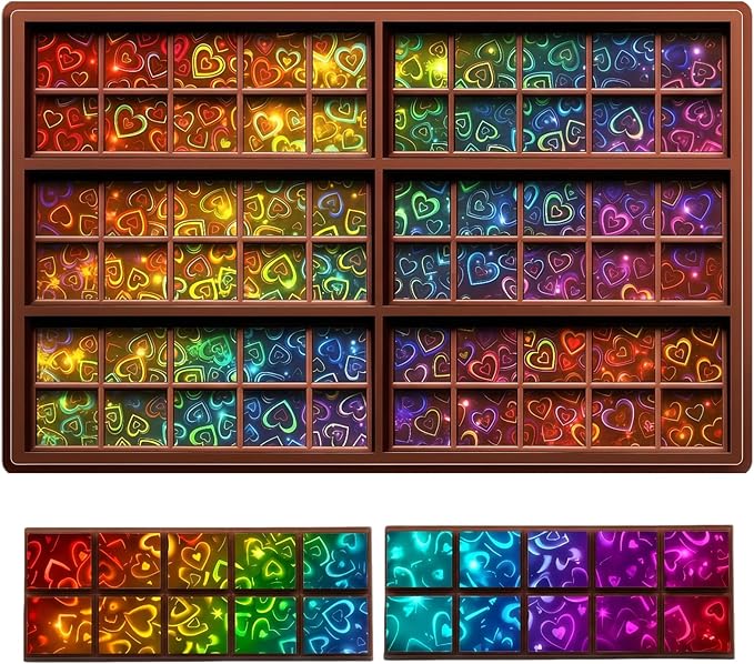 Ziliny Heart Holographic Chocolate Bar Mold Silicone, Rainbow Light Effect Chocolate Bar Deep Thick Molds for DIY Candy Dessert Baking, Candy, Wax Melts, Cake Decoration (Square)