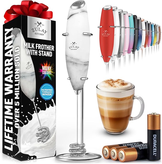 Zulay Kitchen Patented Tornado Triple Whisk Milk Frother with 4 Duracell Batteries – Handheld Foam Maker for Coffee, Lattes, Matcha & Hot Chocolate – Rich, Creamy Froth in Seconds - Marble