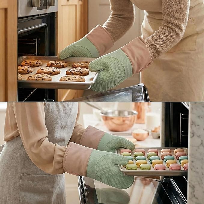 Silicone Oven Mitts and Pot Holders 4-Piece Set, Heat Resistant Kitchen Mitts with Soft Quilted Cotton Lining, Non-Slip Honeycomb Texture Oven Gloves for Baking, Grilling, BBQ, Mint Green