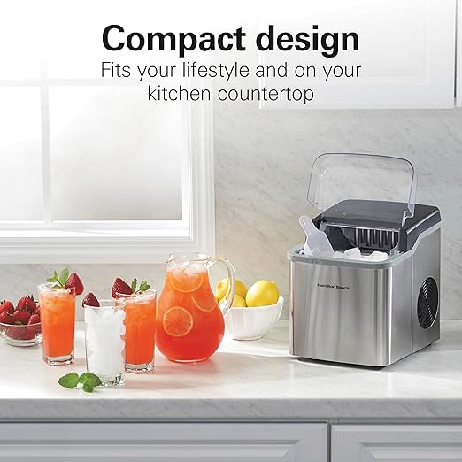 Hamilton Beach Bullet Countertop Ice Maker Machine, Makes 26 Lbs/Day, 9 Cubes Every 6 Minutes, Self-Clean Function, for RV, Office, Kitchen, Dorm, Makes 2 Sizes, Brushed Stainless Steel (86152)