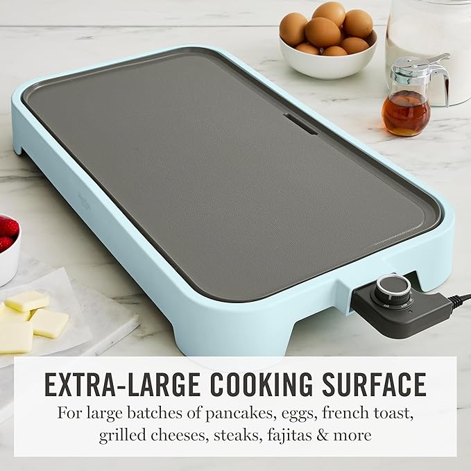 Martha Stewart 12” x 22” Electric Griddle, XL Ceramic Nonstick Flat Top Cooking Surface, Adjustable Temperature Dial, Drip Tray, Dishwasher Safe, 1500W Fast Even Heating, Pancakes & Eggs, Sky Blue