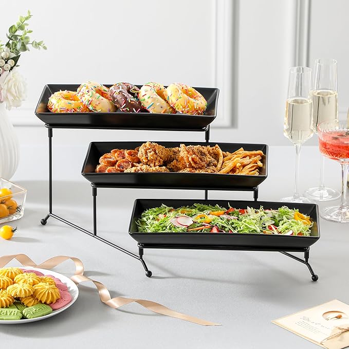 MALACASA 3 Tier Serving Tray, Porcelain Tiered Serving Trays Platters, 12 Inch Serving Stand with Platters,Black Dessert Stand with Collapsible Sturdier Metal Rack,Series PLAT