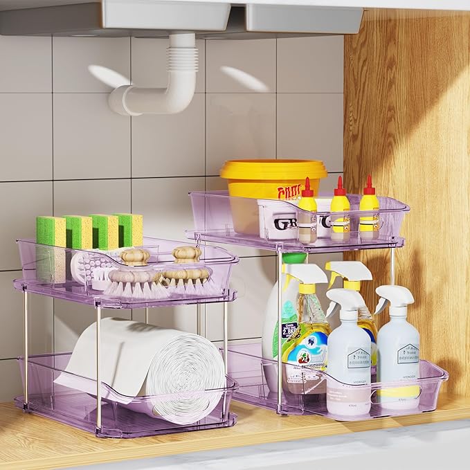 Delamu 2-Tier Under Sink Organizers and Storage, Multi-Purpose Stackable Bathroom Cabinet organizers, Pull Out Kitchen Pantry Organization and Storage with Dividers(2 Pack, Purple)
