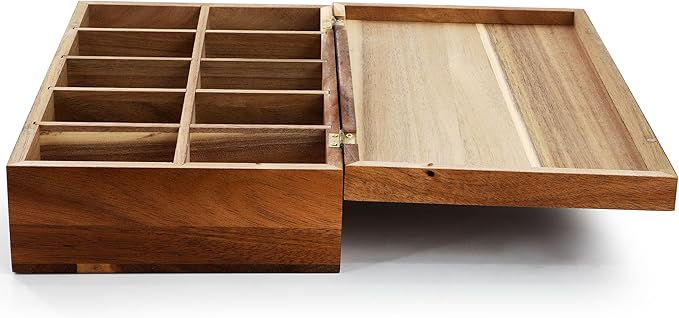 Elama Acacia Wood 14.25 x 7.5 Inch 10 Compartment Tea Box, Tea Bag Organizer, Magnetic Lid, Kitchen Storage