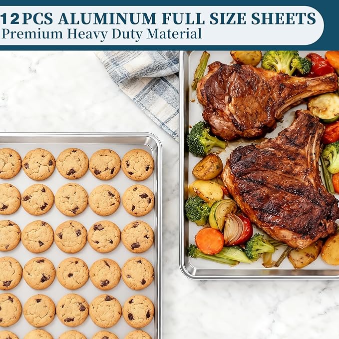 Full Size Commercial Quality Baking Sheet Pan, Bastwe Aluminum Cookie Tray Pan for Oven, Freezer, Bakery, Hotel Restaurant, Thick Steel Rim Prevents Warping (12 Pack, 26 x 18 Inch)