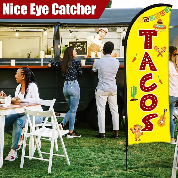 Buryeah Feather Banner Feather Flag Taco Sign Business Signs for Outside Open Flags for Businesses with Pole Ground Stake Portable for Mexican Restaurants, Diners, Markets(Yellow)