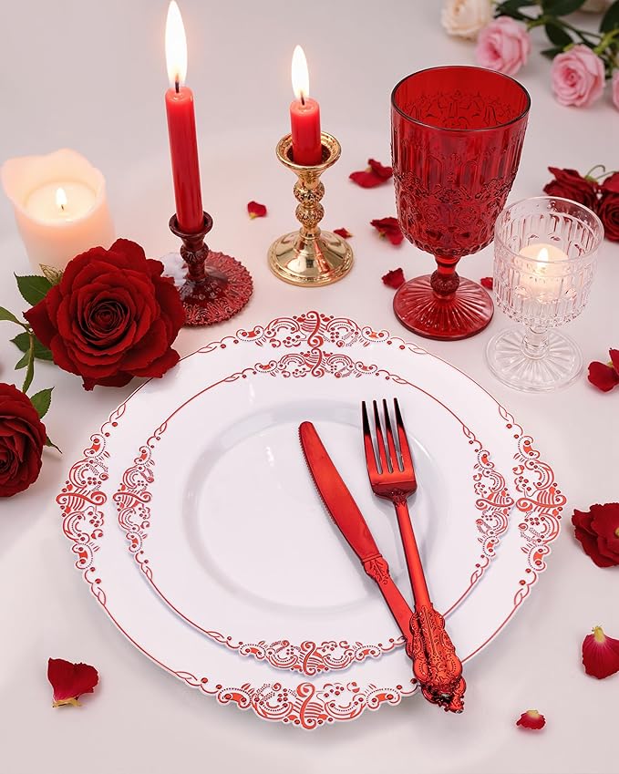 Nervure 350PCS Red Plastic Plates - White Red Plastic Dinnerware Set for 50 Guests - 100 Red Disposable Plates, 50 Pre Rolled Cutlery Set, 50 Cups Perfect for Wedding, Party & Christmas