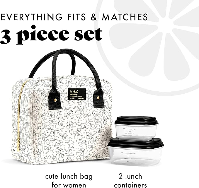 Fit & Fresh Bloomington Lunch Bag for Women - Insulated Large Lunch Box for Work with Containers, Leak-Resistant, Stain-Resistant, Zipper Closure, Black and White Sketched Bows