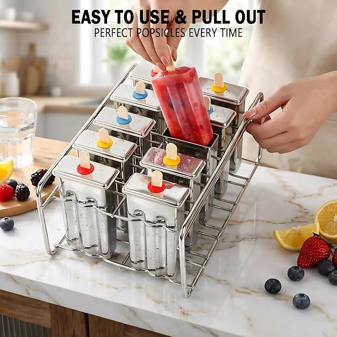 Popsicle Molds Set 10 Pieces Stainless Steel Popsicle Maker, Homemade Popsicle Molds with 100 Sticks, 20 Bags, 22 Silicone Seals, 1 Cleaning Brush & 1 Stand, Ice Pop Mold Maker for Kids (Square)