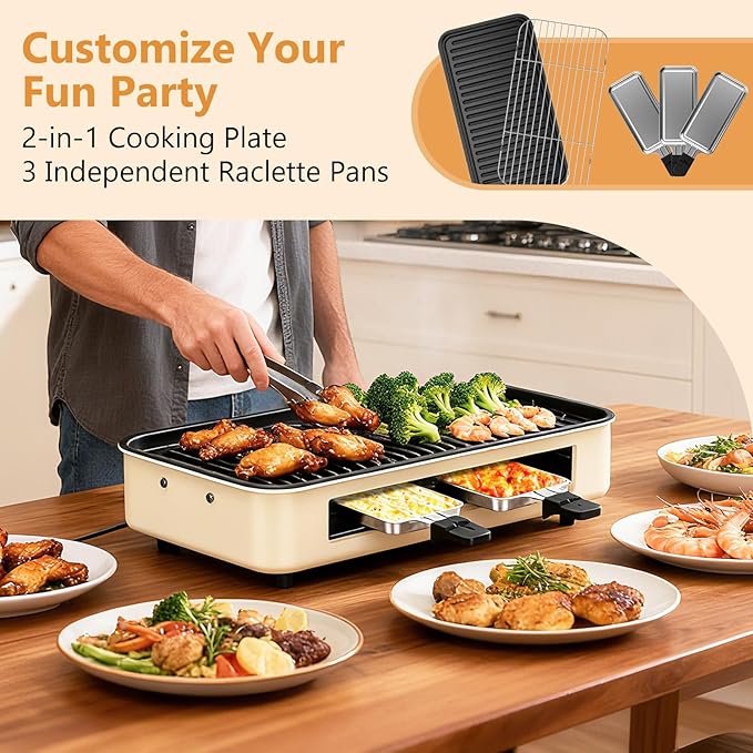 Electric Indoor Grill 1500W -2 in 1 Smokeless Indoor Grill for Kitchen with Non-stick Removable Grill & Griddle Plate,Temperature Control Korean BBQ Grill with 3 Cheese Pans Dishwasher Safe