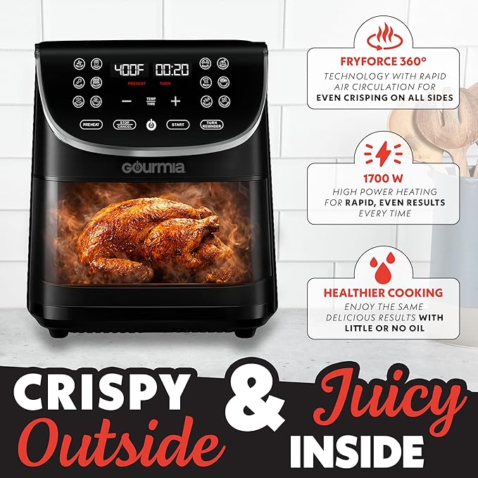 Gourmia Air Fryer - 7 Qt Large Capacity with LED Display, 12 One-Touch Presets, FryForce 360° Technology, Nonstick Dishwasher-Safe Basket & Crisper Tray, Black