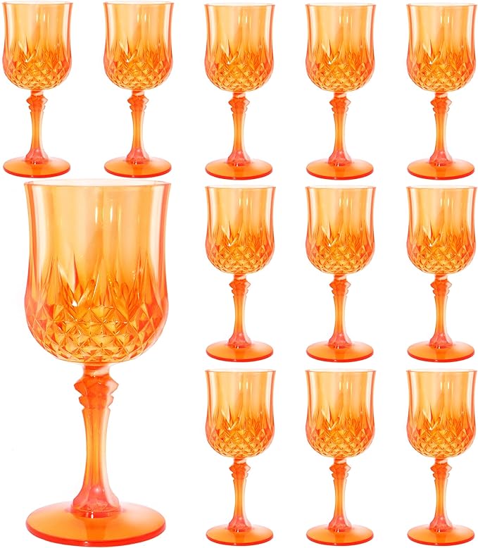 Plastic Wine Glasses, Plastic Goblets Vintage Style Cordial Unbreakable Drinking Glasses, Reusable Drinkware for Wedding Reception, Grand Event Party Supplies (12, Pumpkin orange)