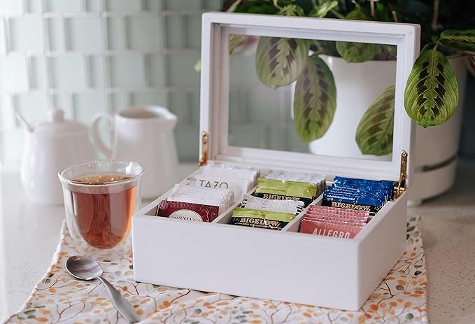 Break Tradition Wooden Tea Organizer For Tea Bags - Wooden Tea Chest With 6 Compartments - Clear Top Window - Lid Stays Open (White)
