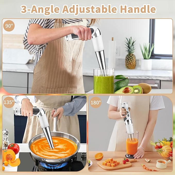 Toogel Cordless Immersion Blender, Electric Hand Blender with 21-Speed & 3-Angle Adjust, USB Rechargeable, BPA-Free & Dishwasher Safe for Baby Food, Smoothies, Soup (White)