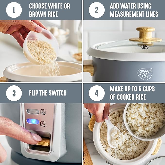GreenLife Rice Cooker with Removable PFAS-Free Ceramic Nonstick Pot, 3-Cups Uncooked/6-Cups Cooked, Grains & Oatmeal Multicooker, Compact One-Switch Design, Auto Keep Warm, Easy Clean, Gray