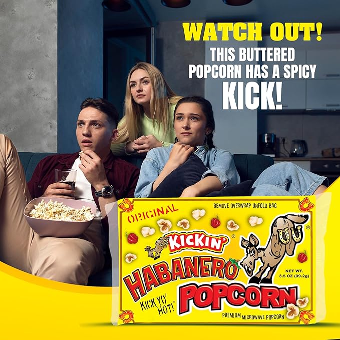 ASS KICKIN' Habanero Microwave Popcorn Bags - 3 Pack - Ultimate Spicy Popcorn Gourmet Gift - Makes a Great Movie Theater Popcorn or Snack Food for Movie Night
