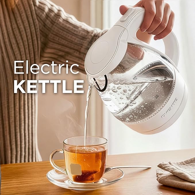 OVENTE Electric Kettle, 1.5L Borosilicate Glass Countertop Water Heater and Boiler for Coffee or Tea, BPA-Free, Auto Shut-Off, Boil-Dry Protection, Removable and Washable Spout Filter, White KG83W