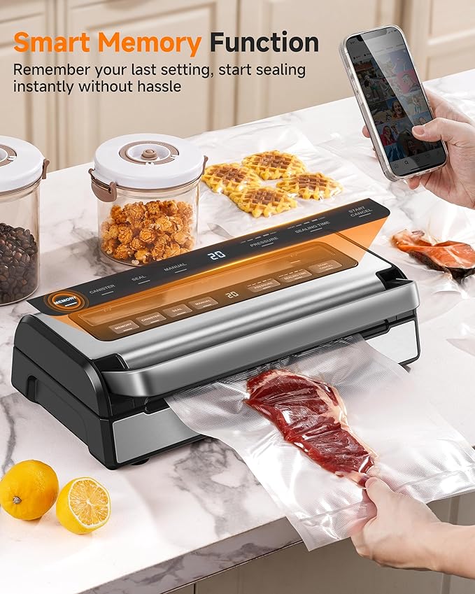 95KPa Automatic Vacuum Sealer, 9-in-1 Food Sealer for Dry/Moist/Liquid Foods, Double Heat Seal & Pump, Includes Bag Rolls & Hose, Built-in Cutter, Stainless Steel