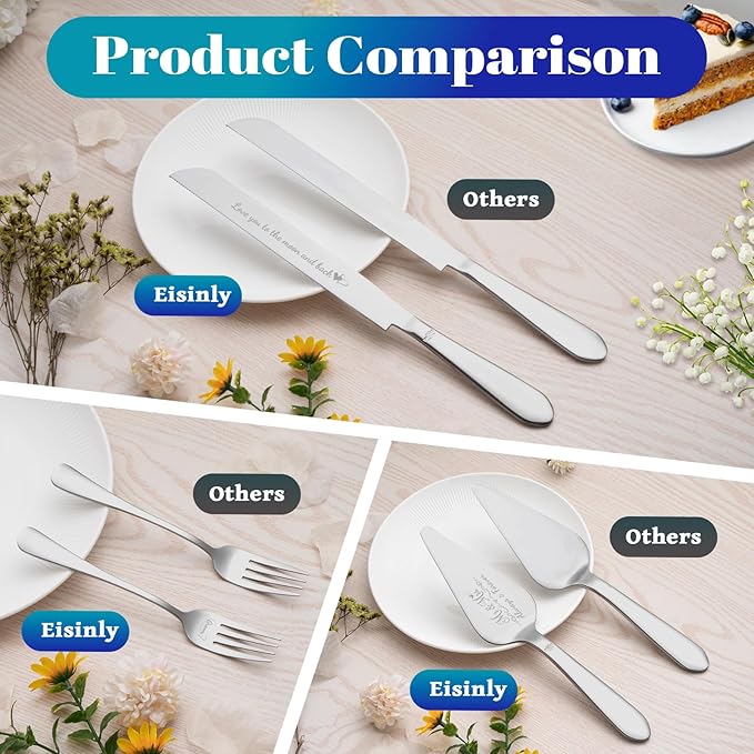 Eisinly Cake Cutting Set for Wedding, Elegant Cake Knife and Server Set with Stainless Steel Forks, Cake Cutter and Pie Spatula for Engagements, Anniversary, Bride and Groom, 4 Pcs, Silver
