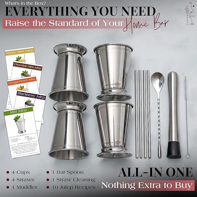Gusto Nostro Mint Julep Cups Set of 4 - Stainless Steel Julep Cup Kit with Straws, Muddler, Spoon,Recipes, Vases - Southern-style Cocktail Glasses for Home Bar - Stainless Steel Cocktail Cups (Silver)