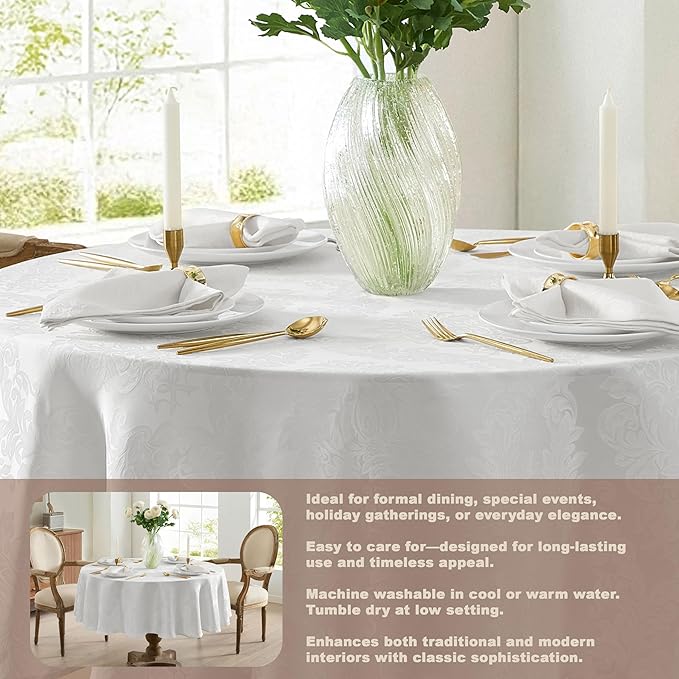 Newbridge Barcelona Luxury Damask Fabric Tablecloth, 108” Round, White, 100% Polyester, No Iron, Soil Resistant Dining Room, Party and Banquet Table Cover