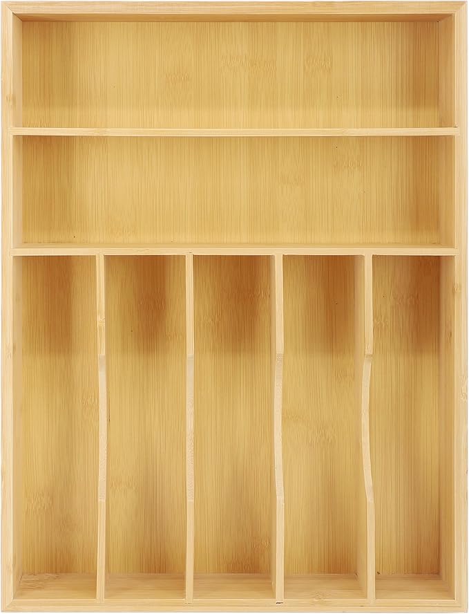 Elama 7 Section Bamboo Wood Drawer Organizer Tray, Utensil Storage, Desk Drawer Storage (7 Section Tray)