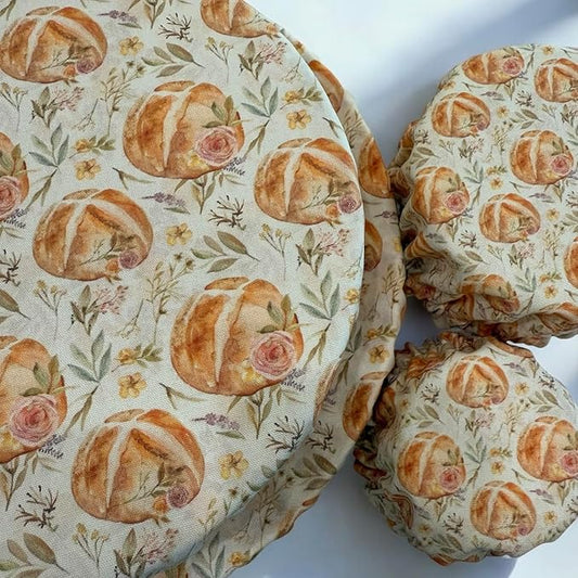 (4-Pack) Sourdough Reuseable Jar & Bowl Covers | Cute Baking Gift | 100% Cotton | Washable | Bread Proofing | Kitchen Food Storage Gifting | Starter Cover Lid Kit (Vintage Sourdough)