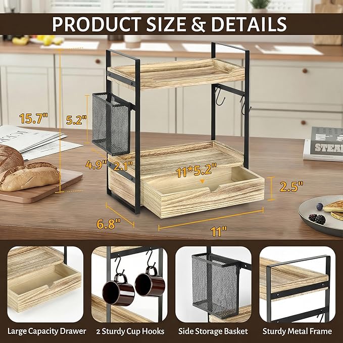 Coffee Station Organizer Countertop, Wooden Coffee Bar Accessories Organizer with Basket, 2 Mug Holder Hooks and Pod Drawer, Multifunctional 2 Tier Countertop Organizer for Kitchen, Bathroom, Office